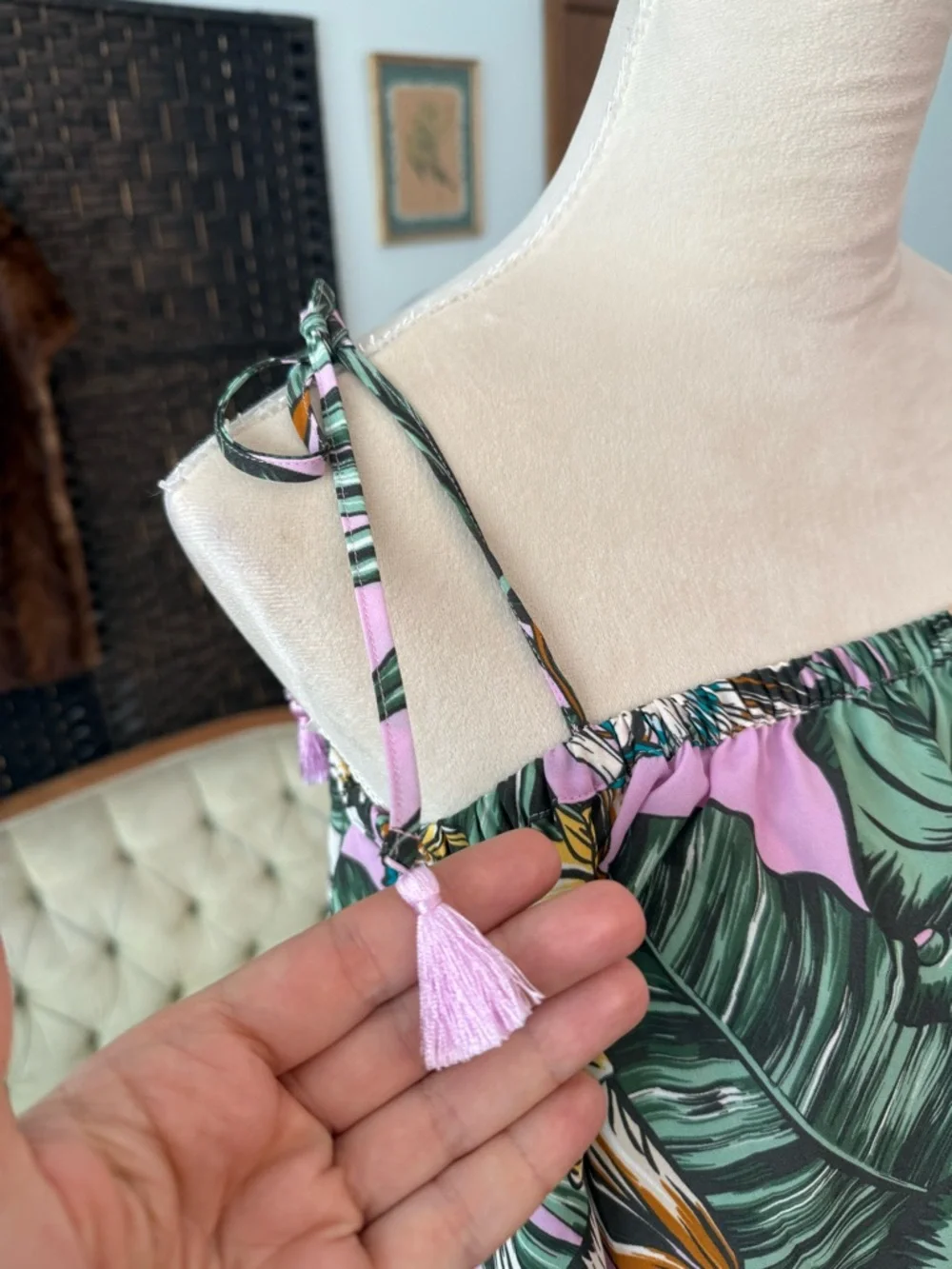🌿🌸 J.Crew Tropical Off Shoulder Tie Strap Top Pink Green Floral Tassel Size S 🌸🌿
